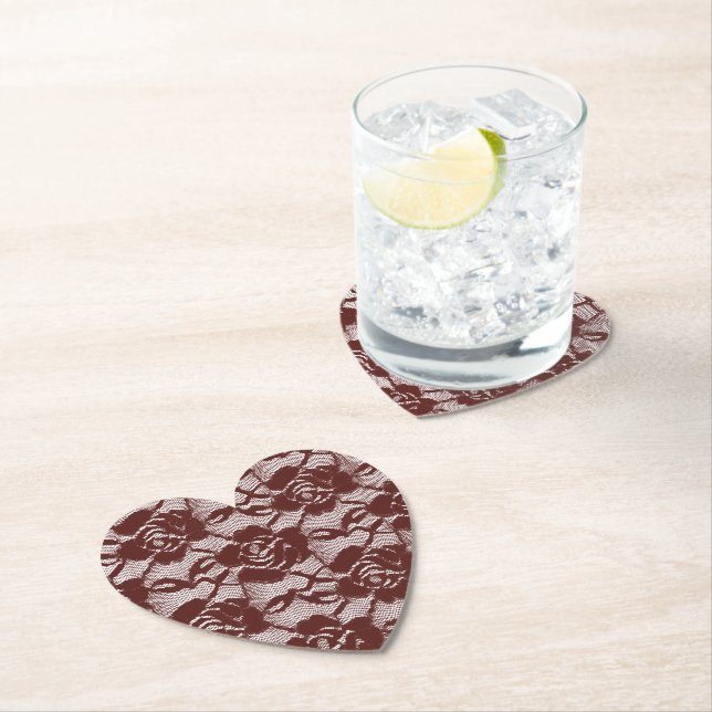 Burgundy Red Lace Floral Paper Coaster (Insitu)