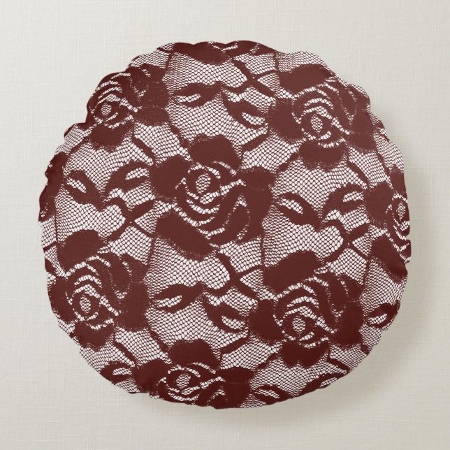 Burgundy Red Lace Floral Round Pillow (Front)