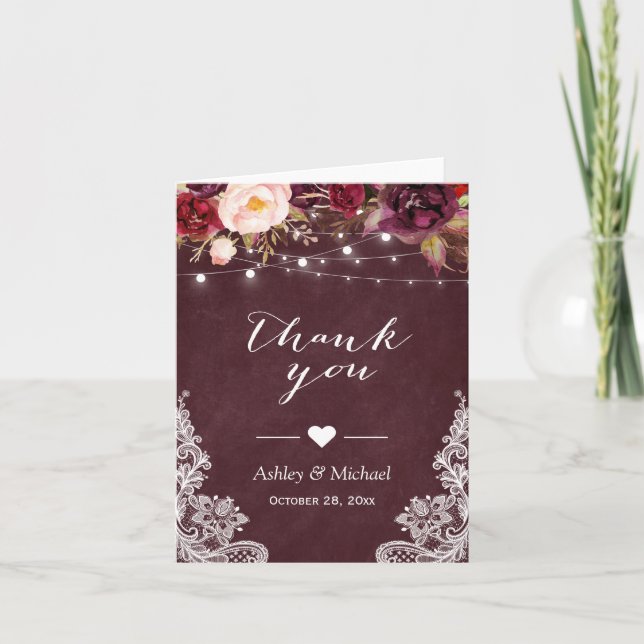 Burgundy Red Lace Floral String Lights Thank You (Front)