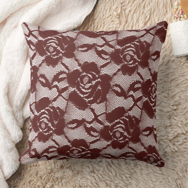 Burgundy Red Lace Floral Throw Pillow (Blanket)