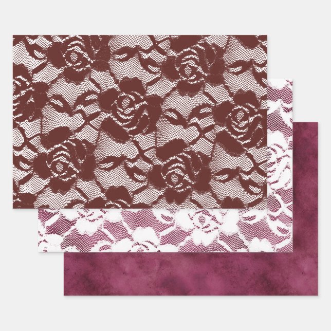 Burgundy Red Lace Floral Wrapping Paper Sheets (Set)
