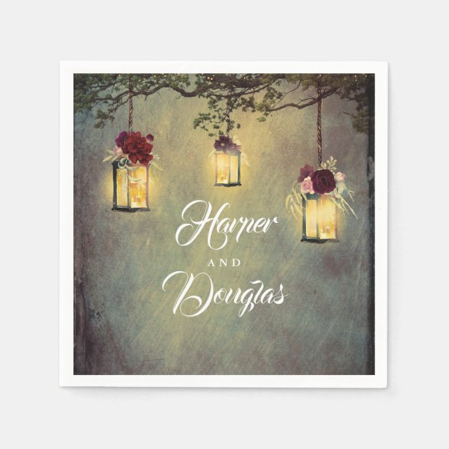 Burgundy Red Lantern Lights Garden Wedding Napkins (Front)