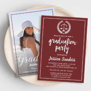 Burgundy Red Law School Graduation Party Photo Invitation