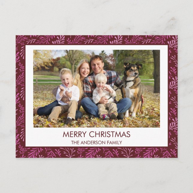 Burgundy Red Leaf Pattern Simple Merry Christmas Holiday Postcard (Front)