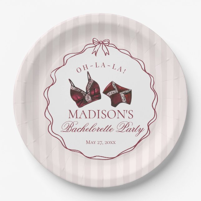 Burgundy Red Lingerie Bachelorette Party Lace Paper Plates (Front)
