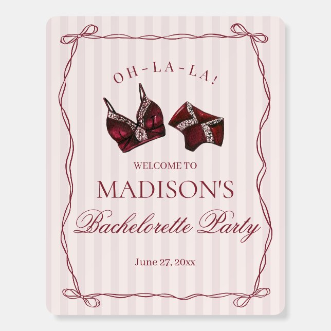 Burgundy Red Lingerie Bachelorette Party Welcome Foam Board (Front)