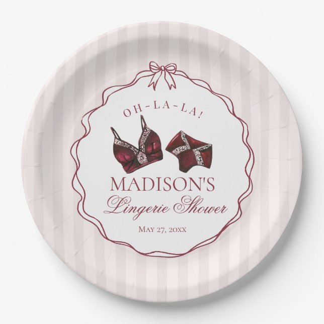 Burgundy Red Lingerie Shower Bachelorette Bridal Paper Plates (Front)