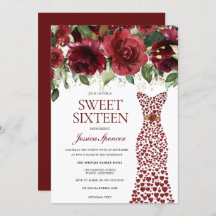 Burgundy Red Love Heart Dress Floral Sweet Sixteen Invitation