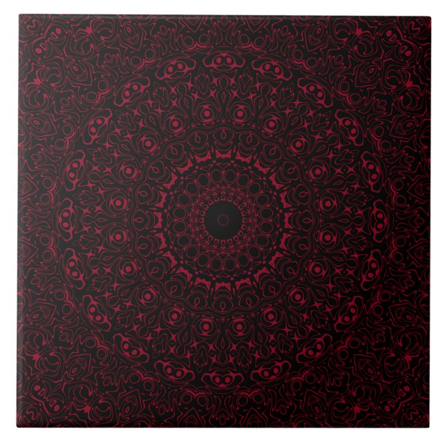 Burgundy Red Mandala with Ornamental Symmetry Ceramic Tile (Front)