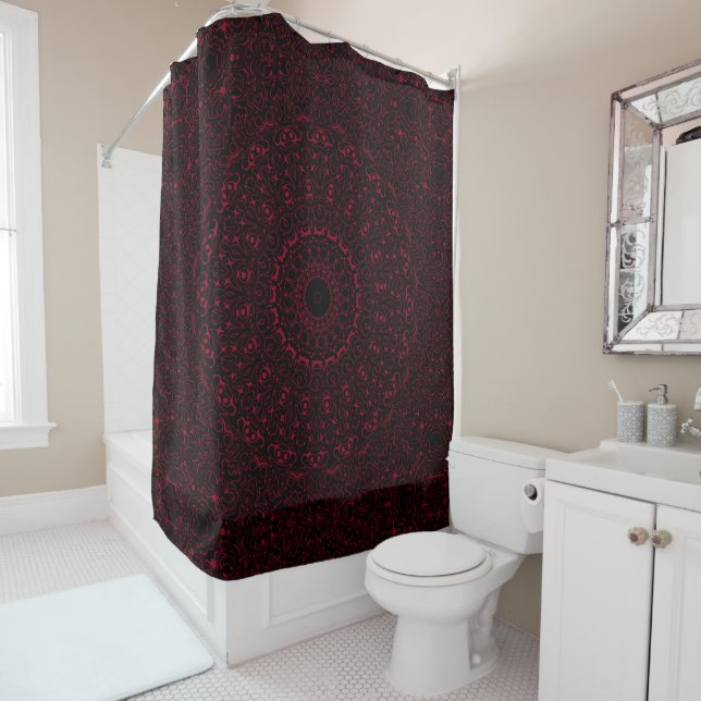 Burgundy Red Mandala with Ornamental Symmetry Shower Curtain (In Situ)