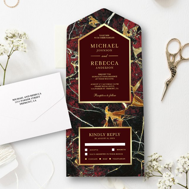 Burgundy Red Marble Faux Gold Foil Wedding All In One Invitation (Creator Uploaded)