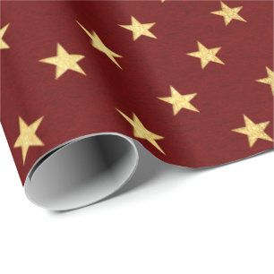 Burgundy Red Maroon Gold Stars Holidays Wrapping Paper