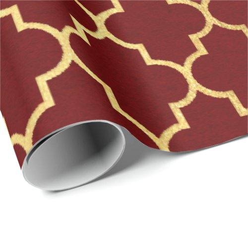 Burgundy Red Maroon Golden Quatrefoil Art Deco Wrapping Paper