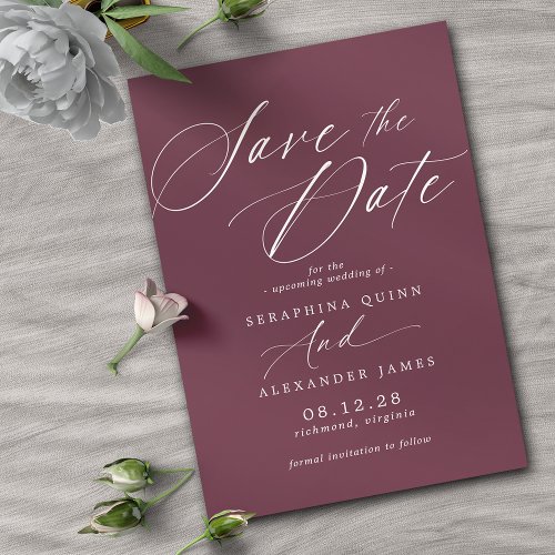 Burgundy Red Maroon  Simple Calligraphy Script Save The Date