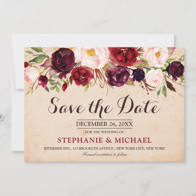 Burgundy Red Marsala Floral Boho Save the date (Front)