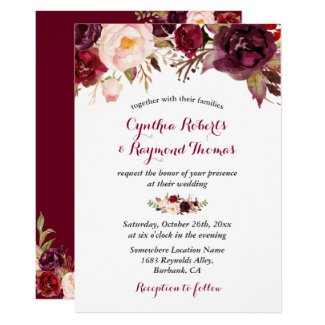 Burgundy Red Marsala Floral Chic Fall Wedding Card