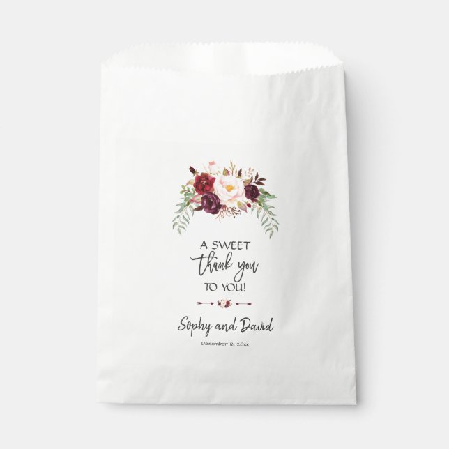 Burgundy Red Marsala Floral Handwriting THANK YOU Favor Bag (Front)