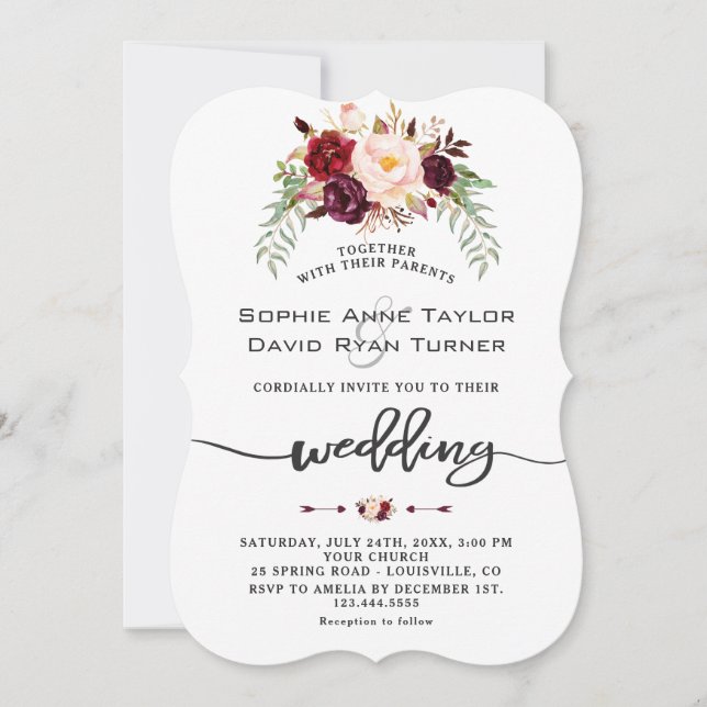 Burgundy Red Marsala Floral Handwriting Wedding Invitation (Front)