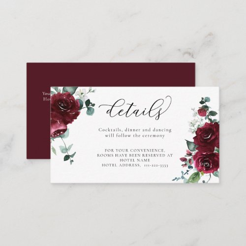 Burgundy Red Marsala Floral Modern Wedding Details Enclosure Card