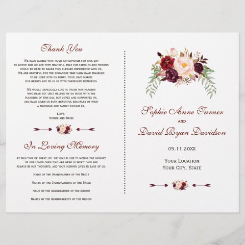 Burgundy Red Marsala Floral Wedding Program Flyer