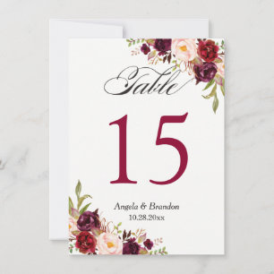 Burgundy Red Marsala Floral Wedding Table Number