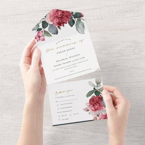 BURGUNDY RED MARSALA GREEN WATERCOLOR FLORAL PEONY ALL IN ONE INVITATION