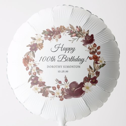 Burgundy Red Mauve Fall Flowers 100th Birthday Balloon