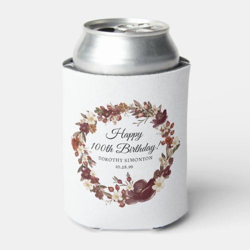Burgundy Red Mauve Fall Flowers 100th Birthday Can Cooler