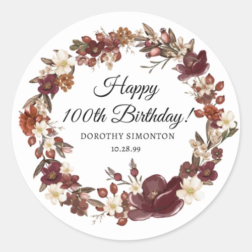 Burgundy Red Mauve Fall Flowers 100th Birthday Classic Round Sticker
