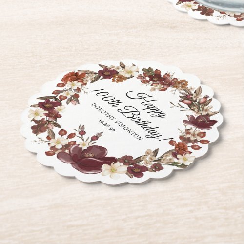 Burgundy Red Mauve Fall Flowers 100th Birthday Paper Coaster