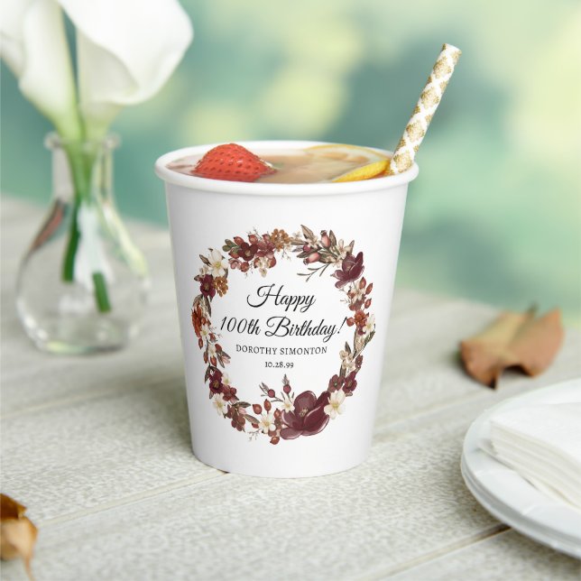 Burgundy Red Mauve Fall Flowers 100th Birthday Paper Cups (Insitu)