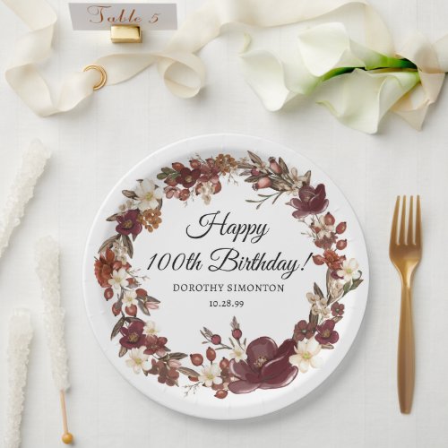 Burgundy Red Mauve Fall Flowers 100th Birthday Paper Plates