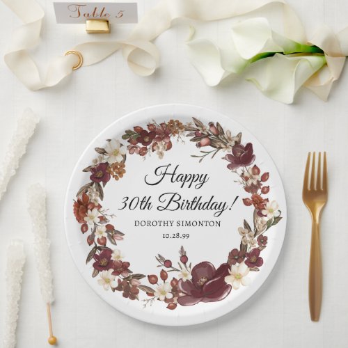 Burgundy Red Mauve Fall Flowers 30th Birthday Paper Plates