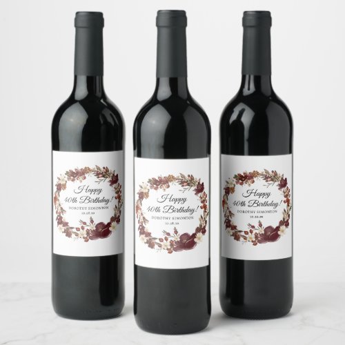Burgundy Red Mauve Fall Flowers 40th Birthday Wine Label