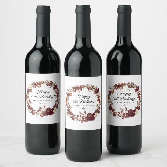 Burgundy Red Mauve Fall Flowers 50th Birthday Wine Label (Bottles)