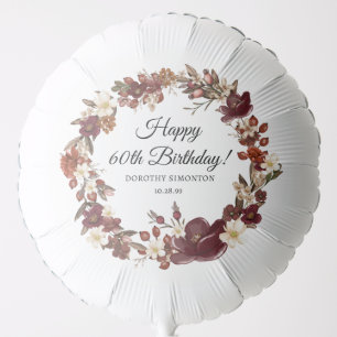 Burgundy Red Mauve Fall Flowers 60th Birthday Balloon