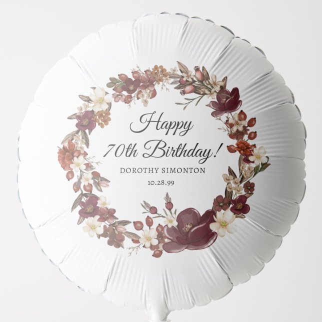 Burgundy Red Mauve Fall Flowers 70th Birthday Balloon (Front)