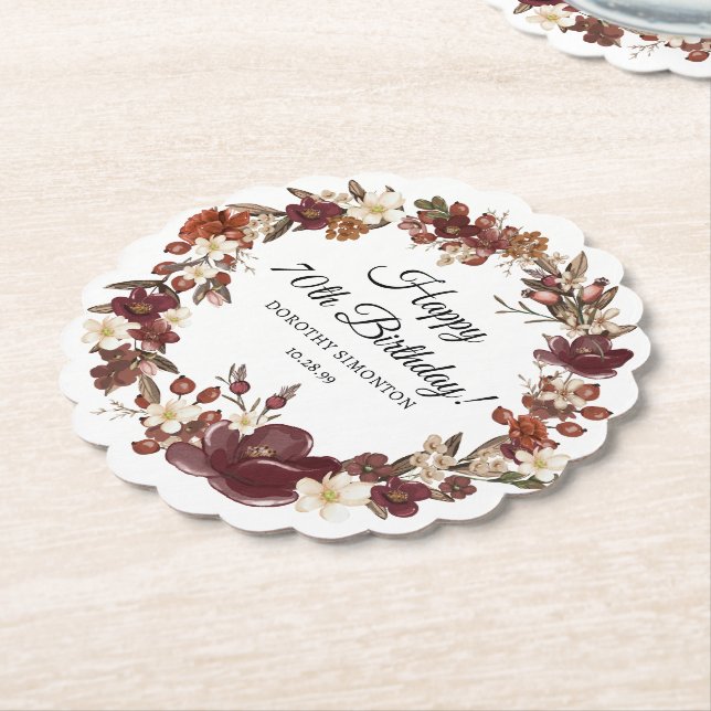 Burgundy Red Mauve Fall Flowers 70th Birthday Paper Coaster (Angled)