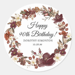 Burgundy Red Mauve Fall Flowers 90th Birthday Classic Round Sticker