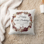 Burgundy Red Mauve Fall Flowers 90th Birthday Throw Pillow<br><div class="desc">Elegant watercolor fall flowers create a pretty rustic botanical wreath. Deep burgundy red, soft mauve pink and white flowers and wildflowers surround a happy birthday wish the celebrant's name and birthdate. You can customize all of the text so you can set just the right tone for your celebration. This item...</div>