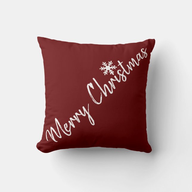 Burgundy Red Merry Christmas Snowflakes Throw Pillow (Front)