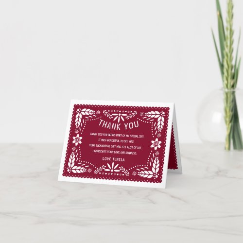 Burgundy red Mexican papel picado QUINCEAERA  Thank You Card