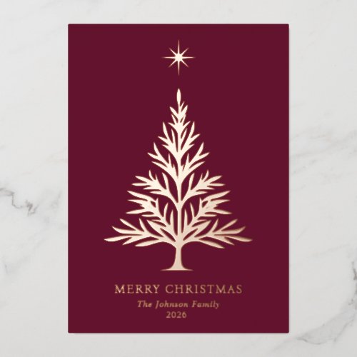 Burgundy Red Minimalist Christmas Star and Tree Foil Holiday Card