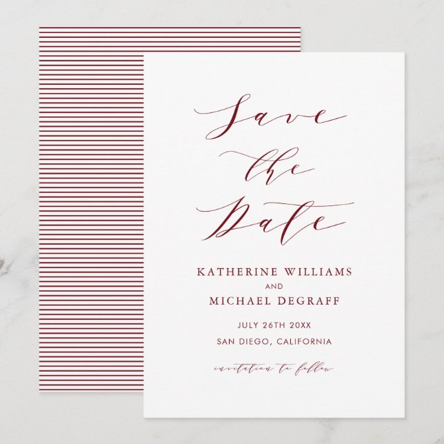 Burgundy Red Minimalist Dainty Script Save The Date (Front/Back)