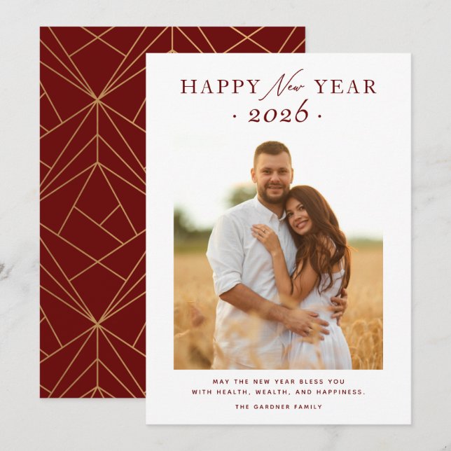 Burgundy Red Minimalist Happy New Year 2025 Photo Holiday Card (Front/Back)
