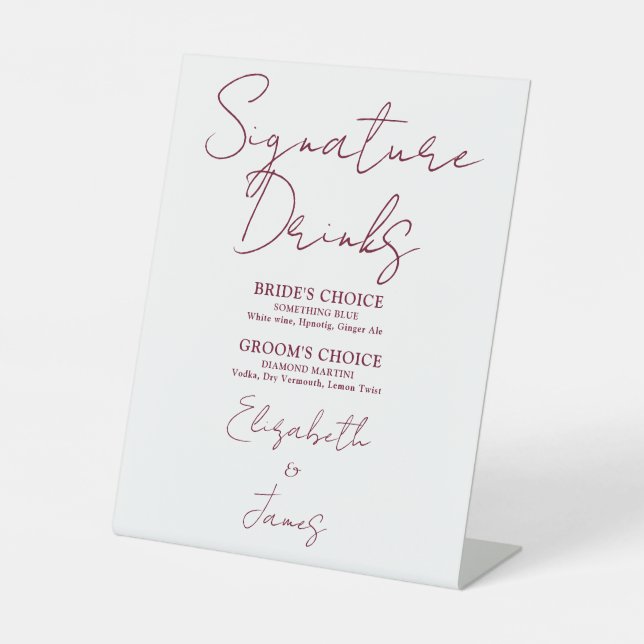 Burgundy Red Minimalist Script Signature Drinks Pedestal Sign (Front)
