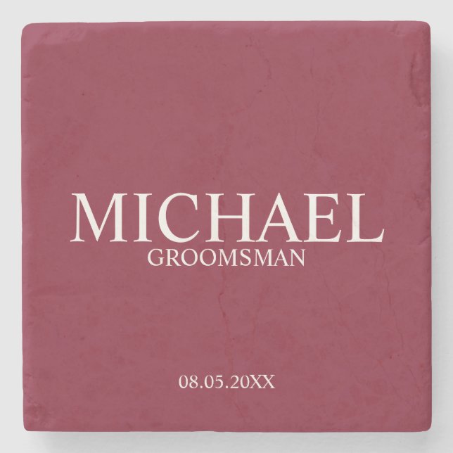Burgundy Red Modern Personalized Groomsman Stone Coaster (Front)