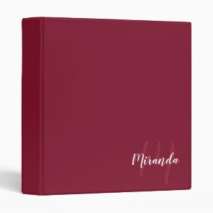 Burgundy Red Modern Script Monogram and Name 3 Ring Binder