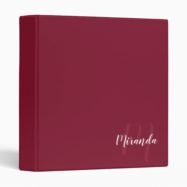 Burgundy Red Modern Script Monogram and Name 3 Ring Binder (Front/Spine)
