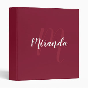 Burgundy Red Modern Script Monogram and Name 3 Ring Binder
